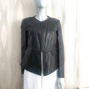NWT ZARA Leather Jacket Large Black Round Neck Dressy Edgy Peplum Back